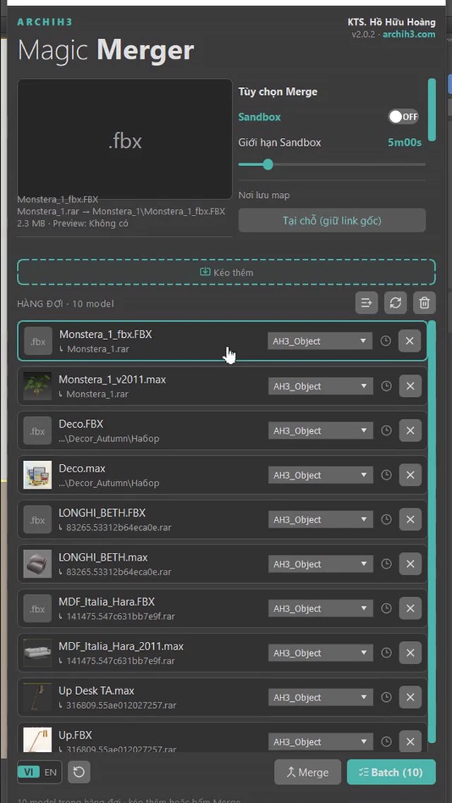 Magic Merger 2.x — hàng đợi model có preview trong 3ds Max